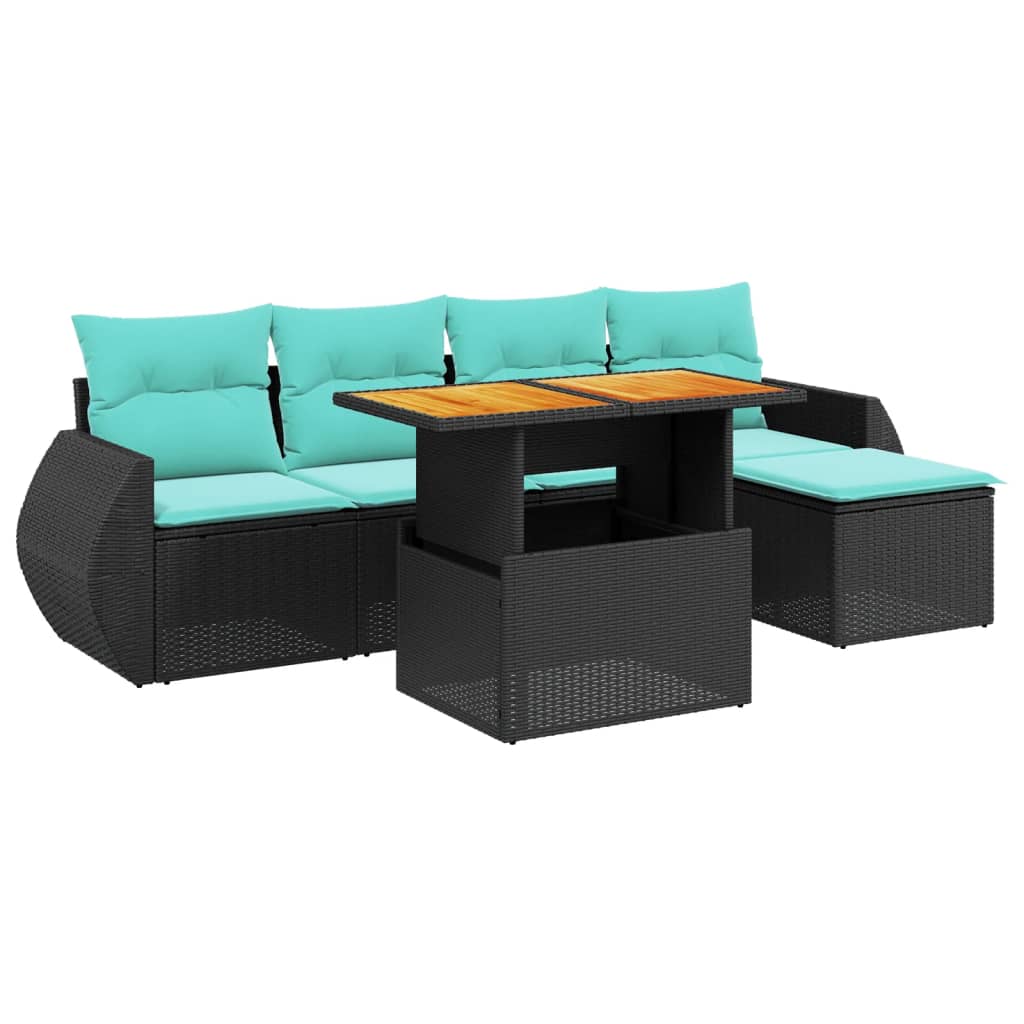 6 Piece Patio Sofa Set with Cushions Black Poly Rattan