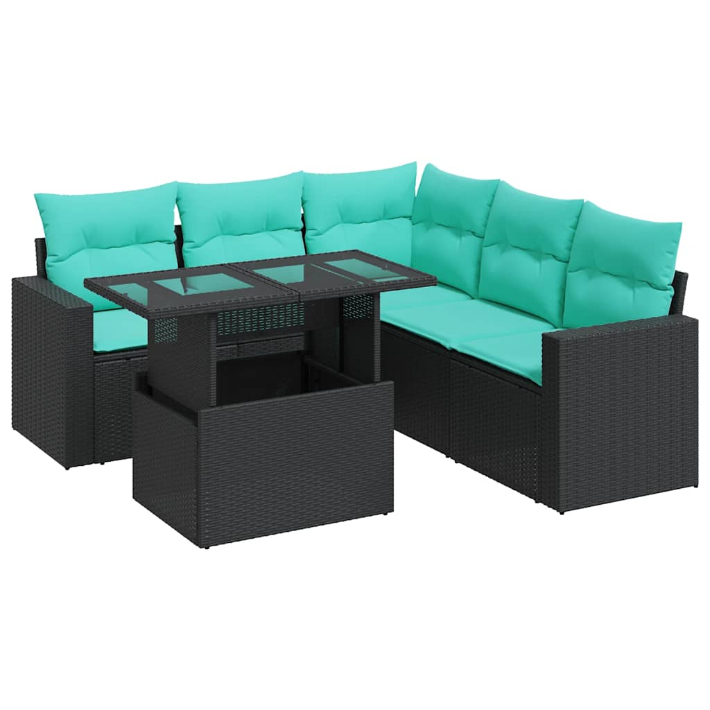 6 Piece Patio Sofa Set with Cushions Black Poly Rattan Acacia