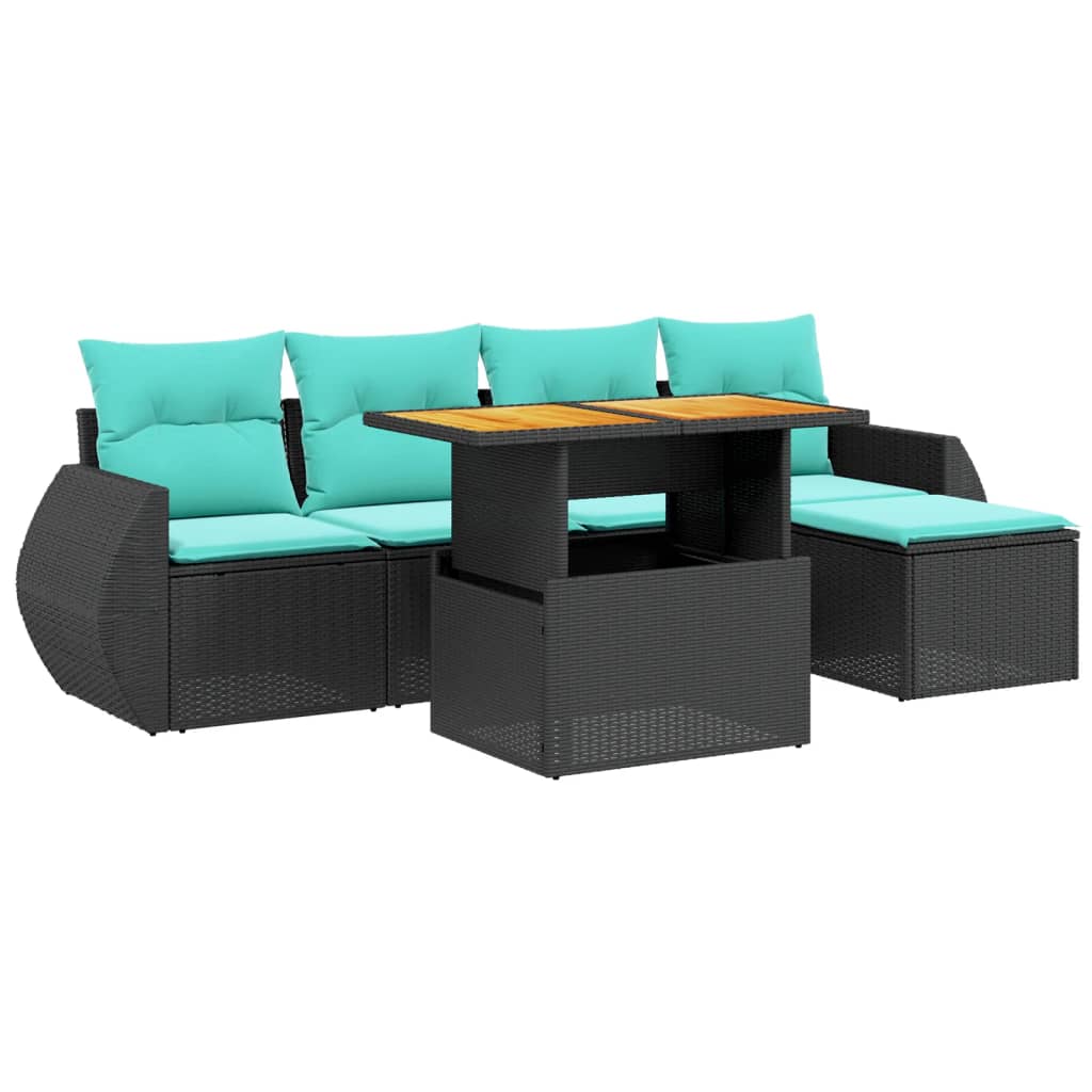 6 Piece Patio Sofa Set with Cushions Black Poly Rattan