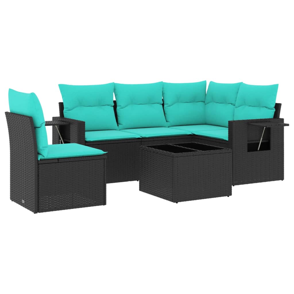 6 Piece Patio Sofa Set with Cushions Black Poly Rattan