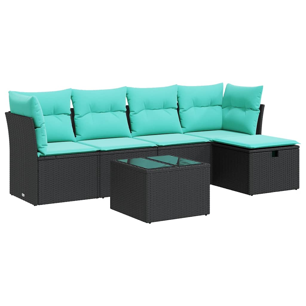 6 Piece Patio Sofa Set with Cushions Black Poly Rattan