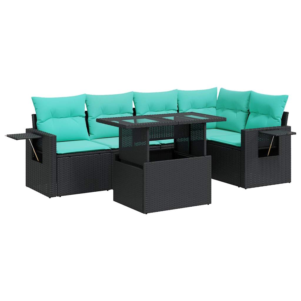 6 Piece Patio Sofa Set with Cushions Black Poly Rattan Acacia