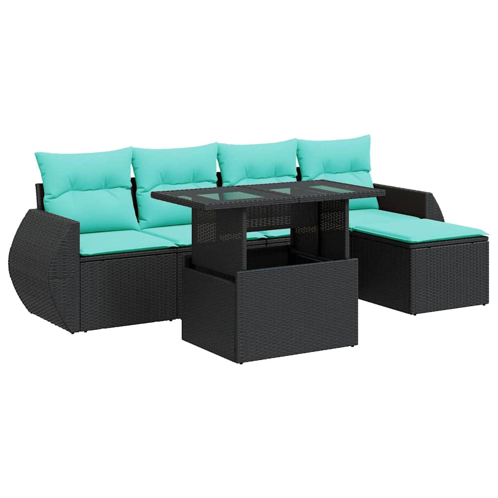6 Piece Patio Sofa Set with Cushions Black Poly Rattan Acacia
