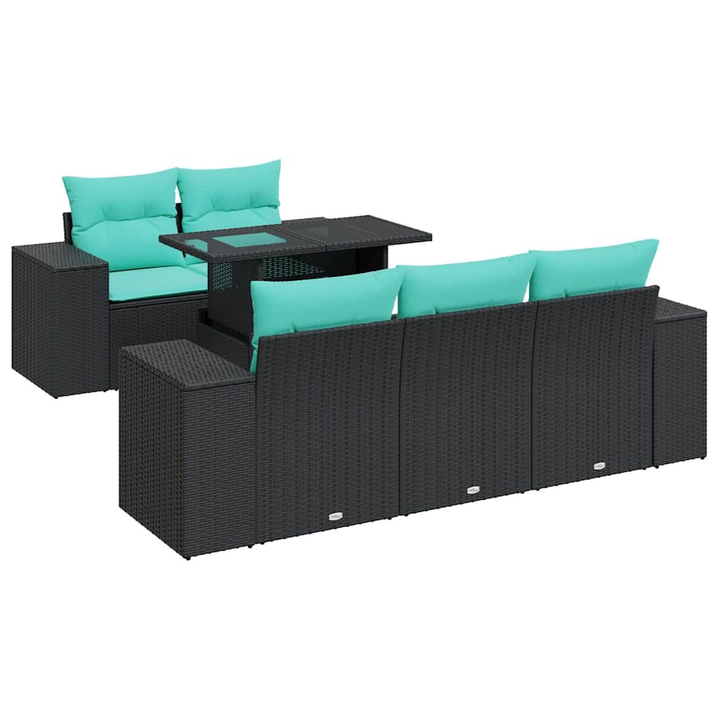 6 Piece Patio Sofa Set with Cushions Black Poly Rattan Acacia