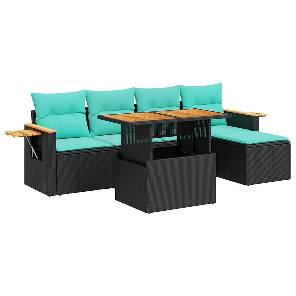 6 Piece Patio Sofa Set with Cushions Black Poly Rattan Acacia