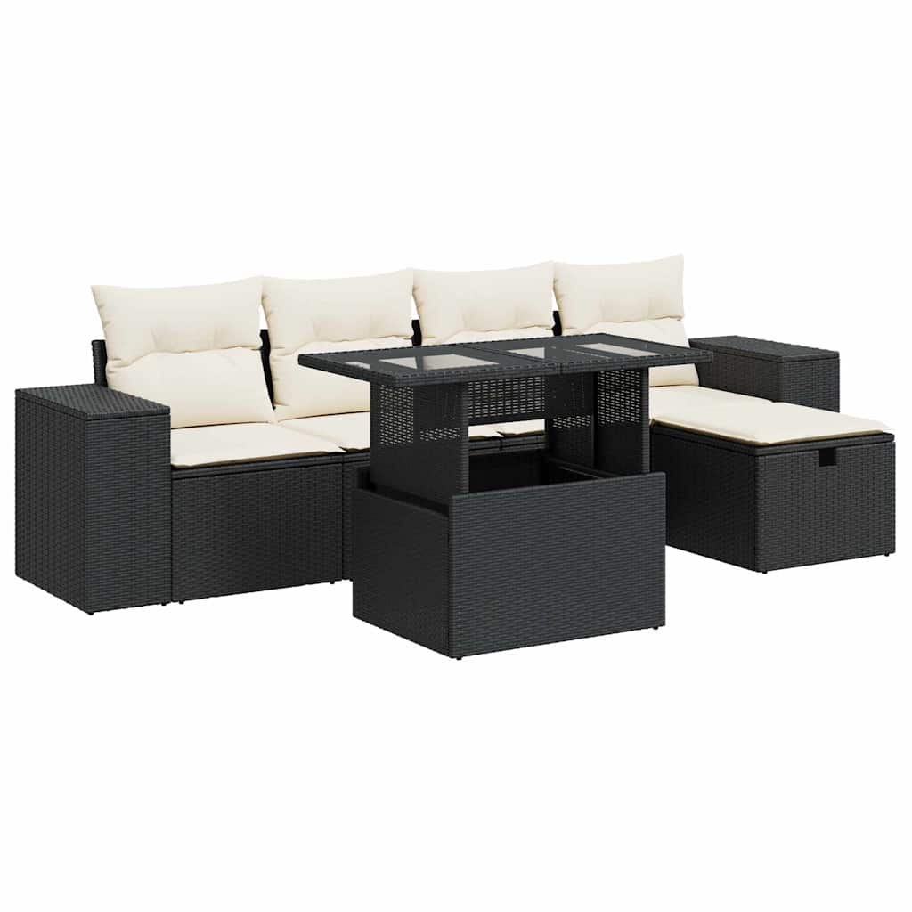 6 Piece Patio Sofa Set with Cushions Black Poly Rattan
