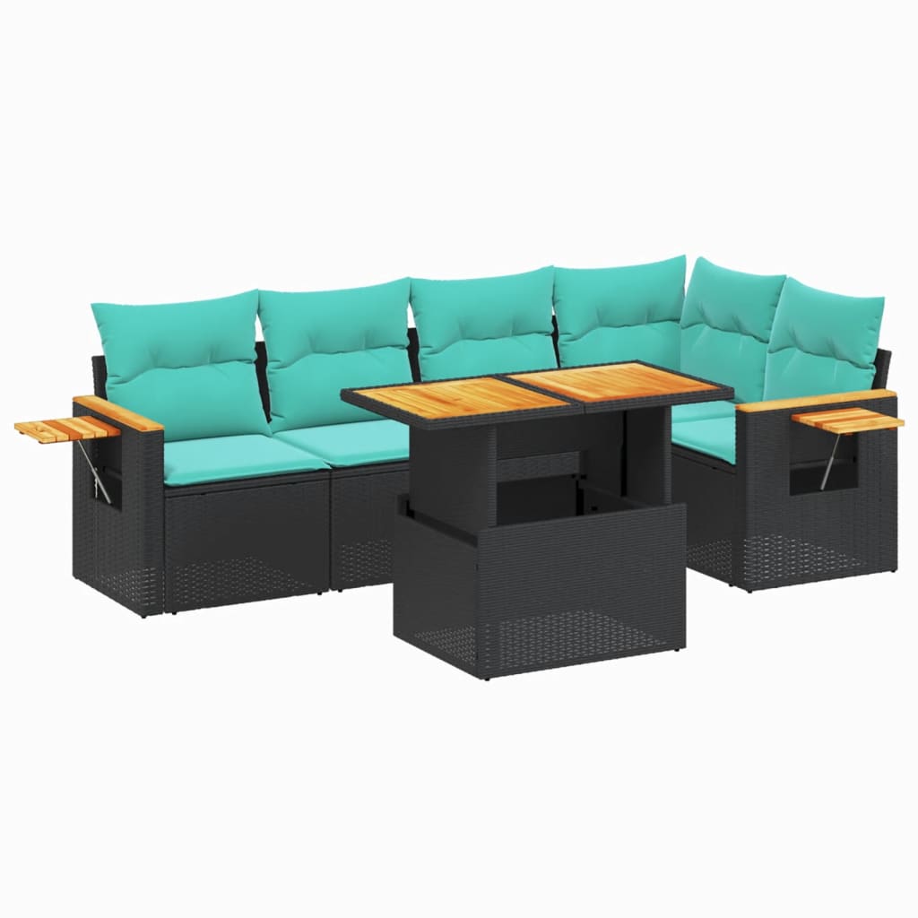 6 Piece Patio Sofa Set with Cushions Black Poly Rattan