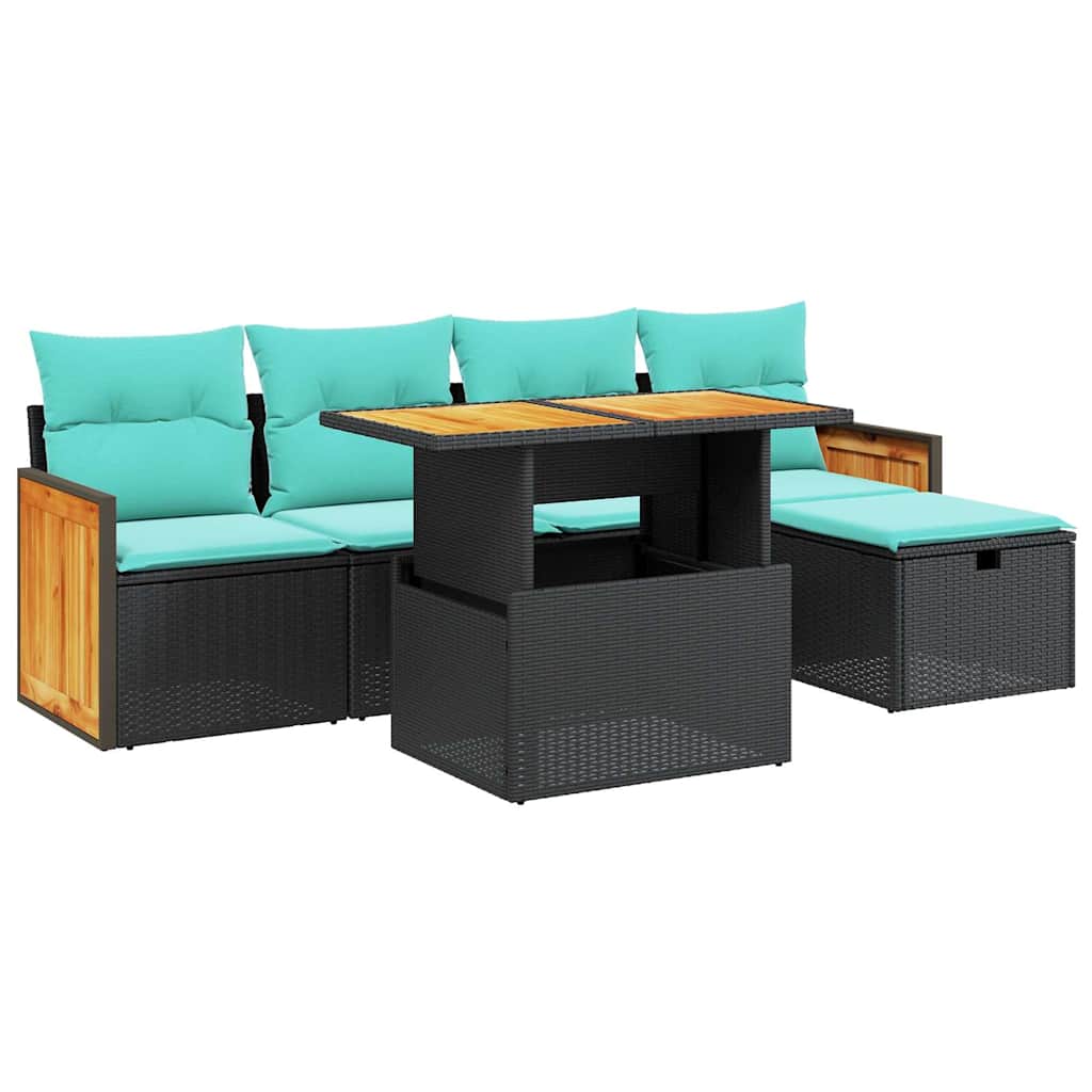 6 Piece Patio Sofa Set with Cushions Black Poly Rattan