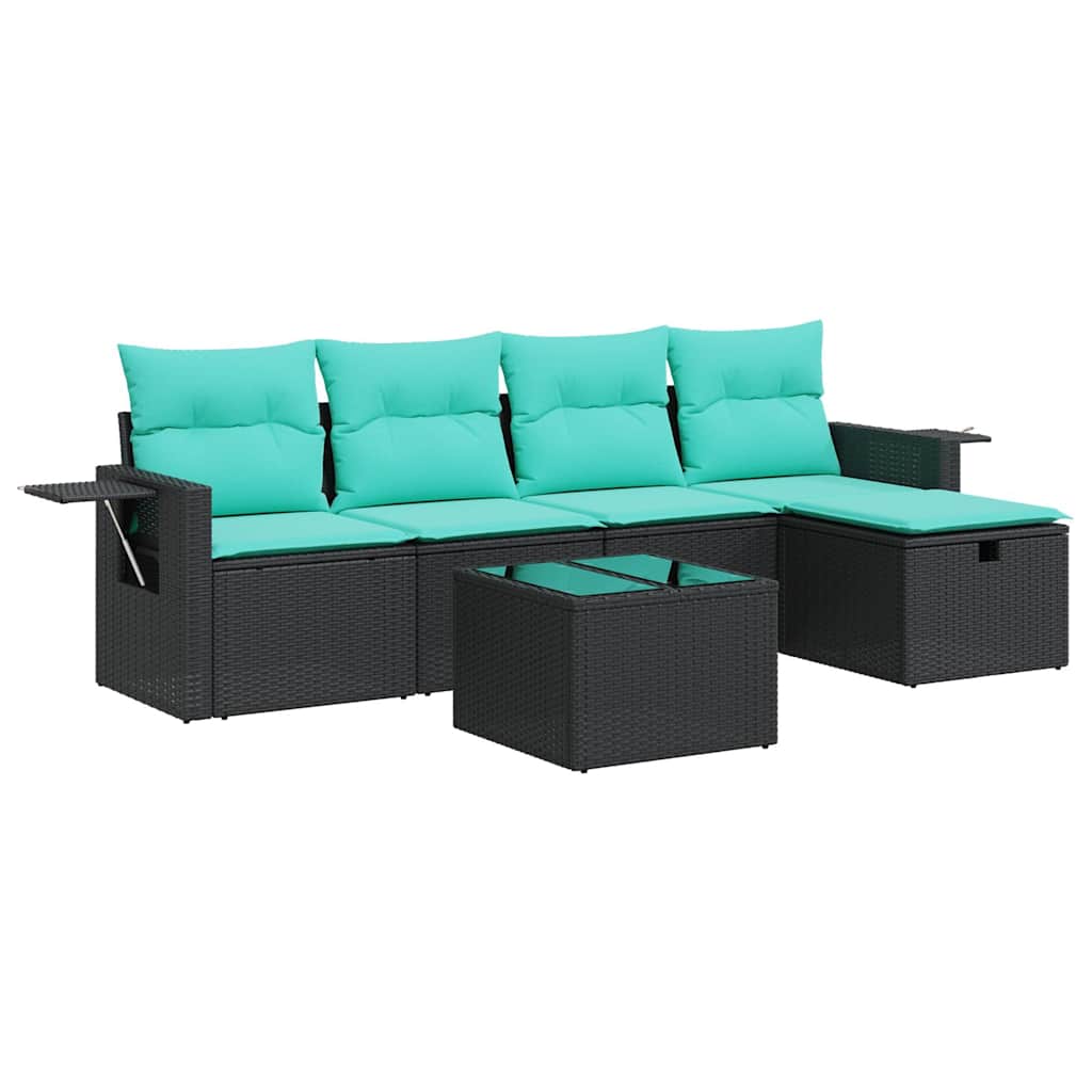 6 Piece Patio Sofa Set with Cushions Black Poly Rattan