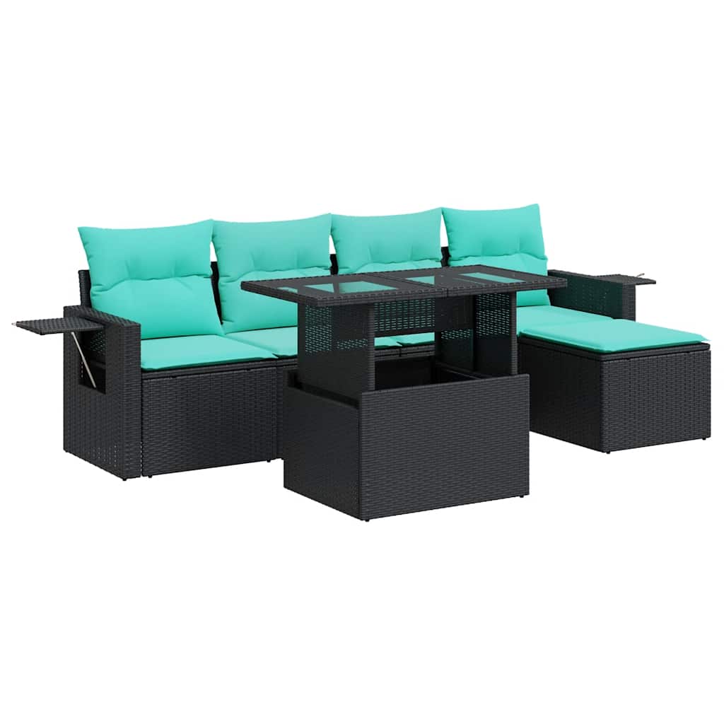 6 Piece Patio Sofa Set with Cushions Black Poly Rattan Acacia