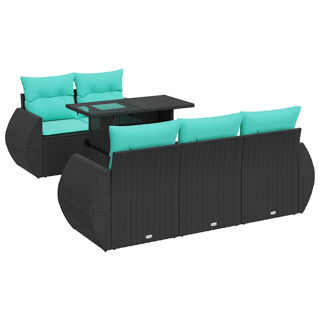 6 Piece Patio Sofa Set with Cushions Black Poly Rattan Acacia