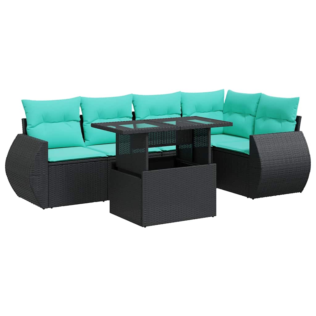 6 Piece Patio Sofa Set with Cushions Black Poly Rattan Acacia