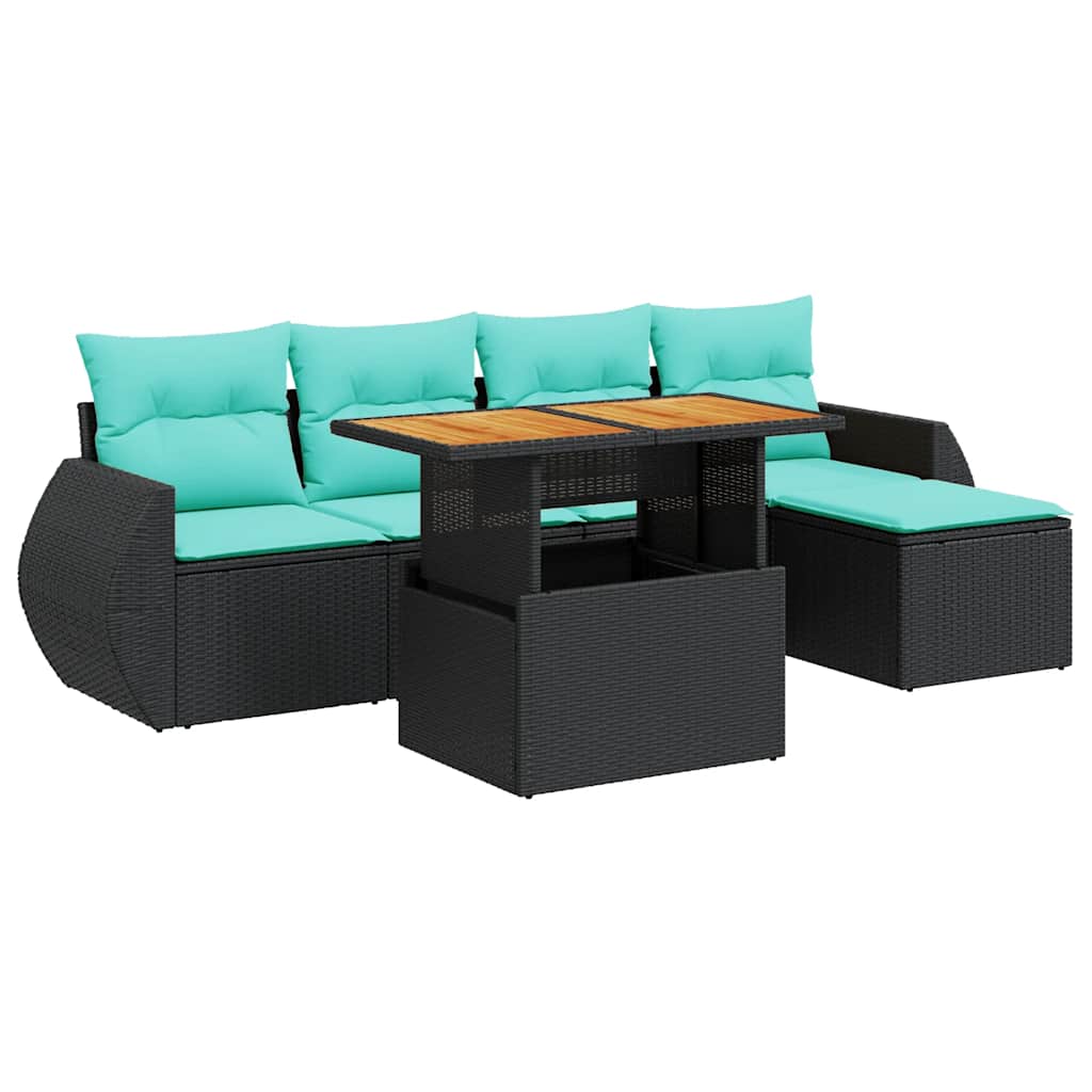6 Piece Patio Sofa Set with Cushions Black Poly Rattan