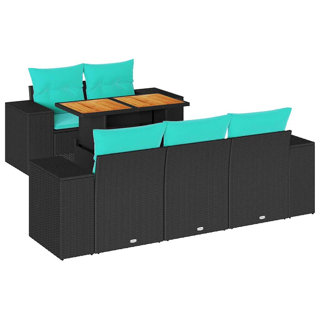 6 Piece Patio Sofa Set with Cushions Black Poly Rattan
