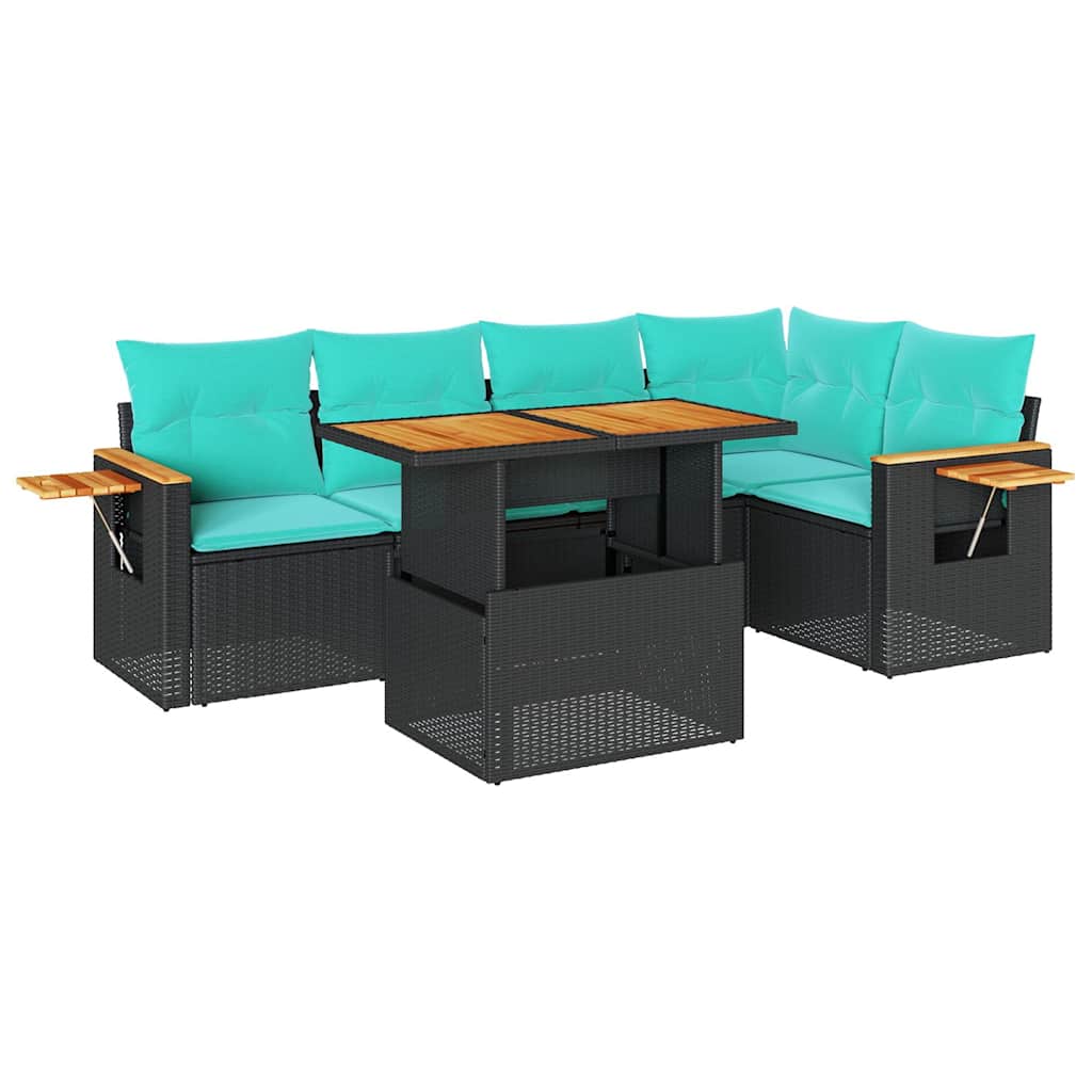 6 Piece Patio Sofa Set with Cushions Black Poly Rattan Acacia