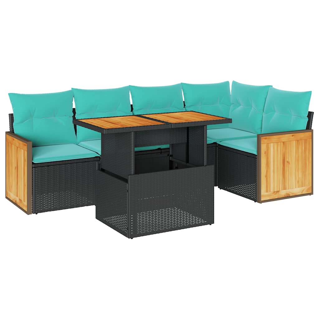 6 Piece Patio Sofa Set with Cushions Black Poly Rattan Acacia