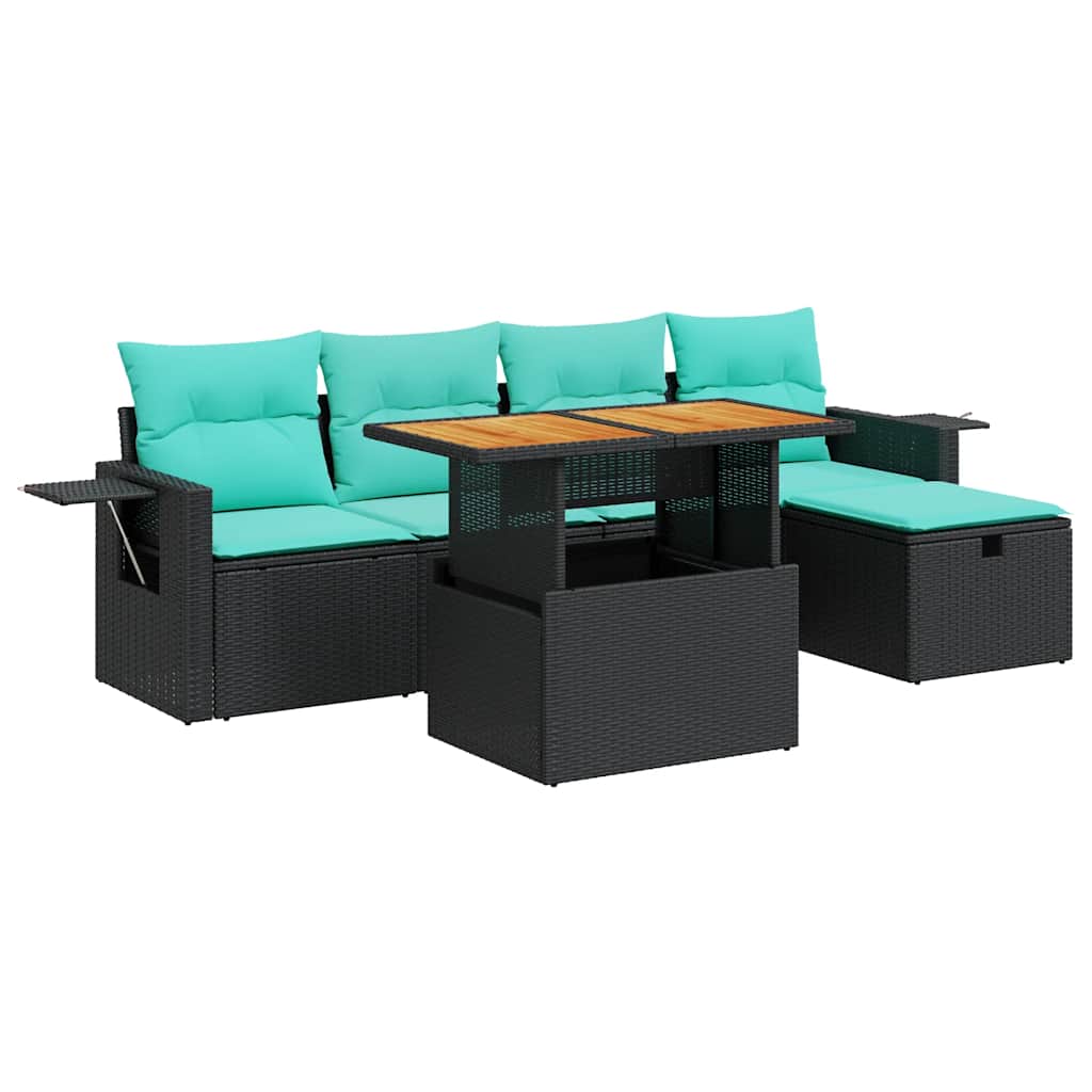 6 Piece Patio Sofa Set with Cushions Black Poly Rattan Acacia