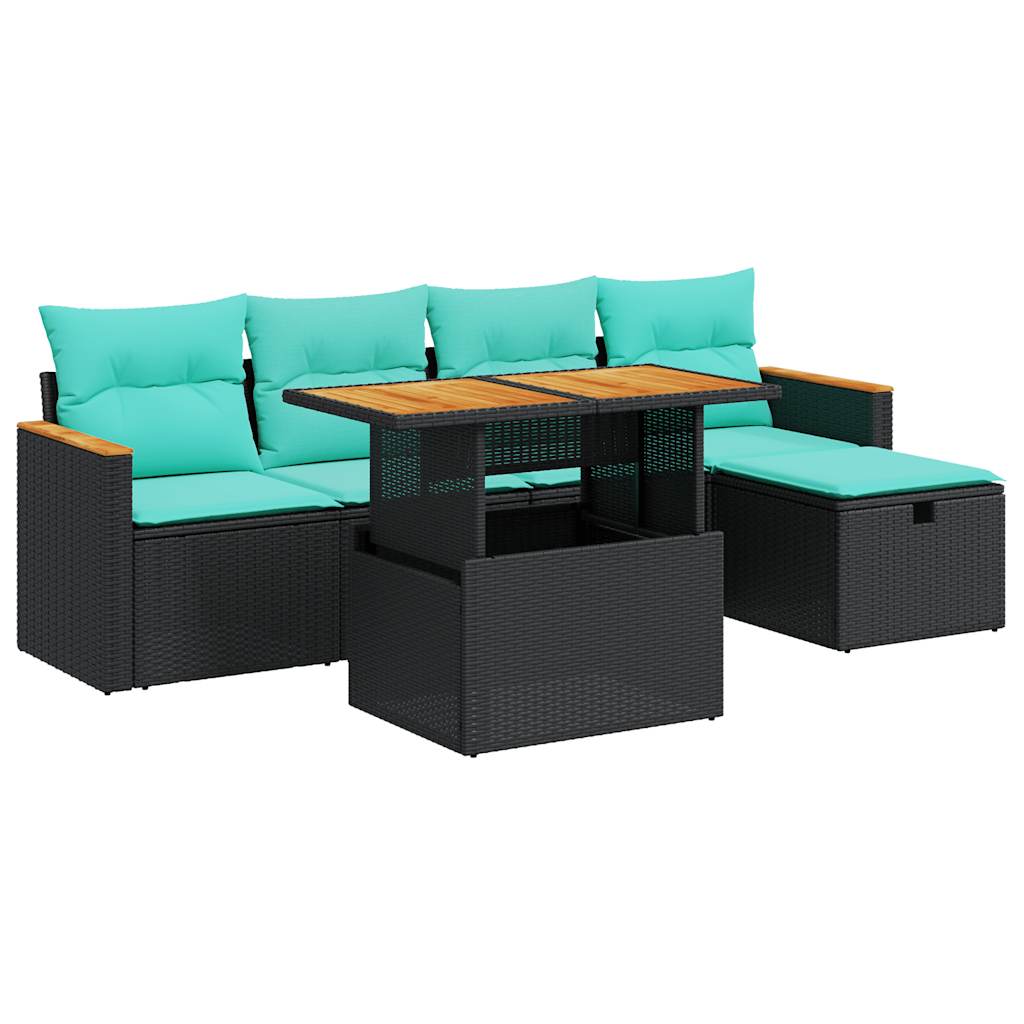 6 Piece Patio Sofa Set with Cushions Black Poly Rattan Acacia