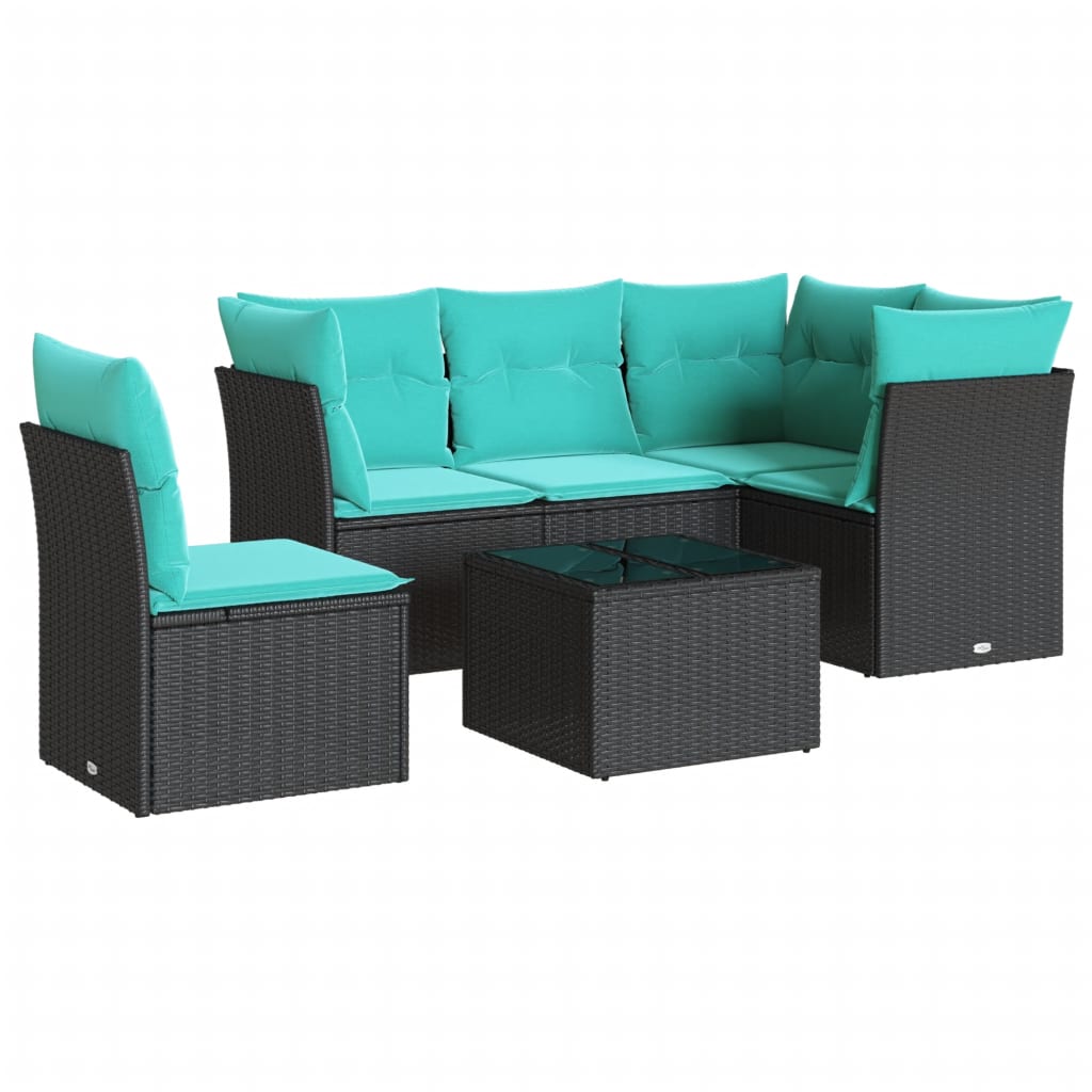 6 Piece Patio Sofa Set with Cushions Black Poly Rattan
