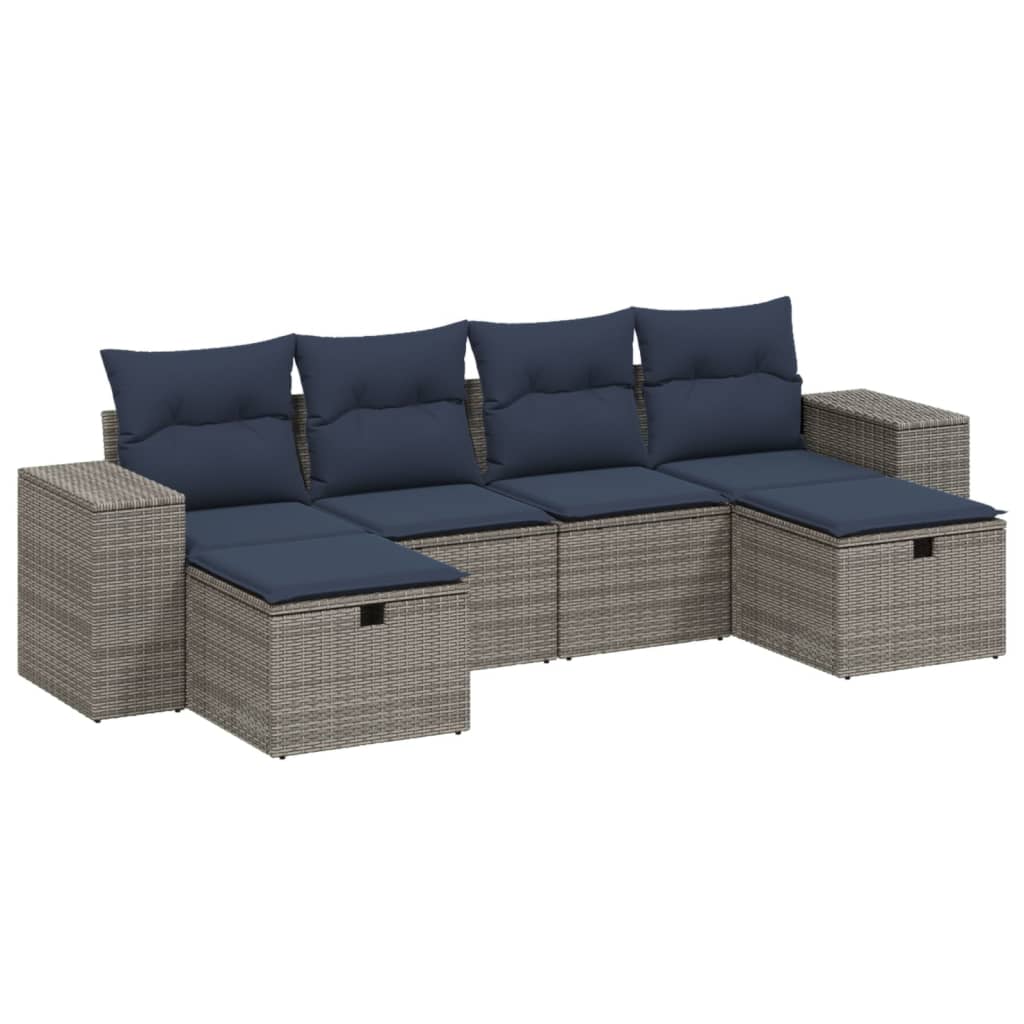 6 Piece Patio Sofa Set with Cushions Gray Poly Rattan