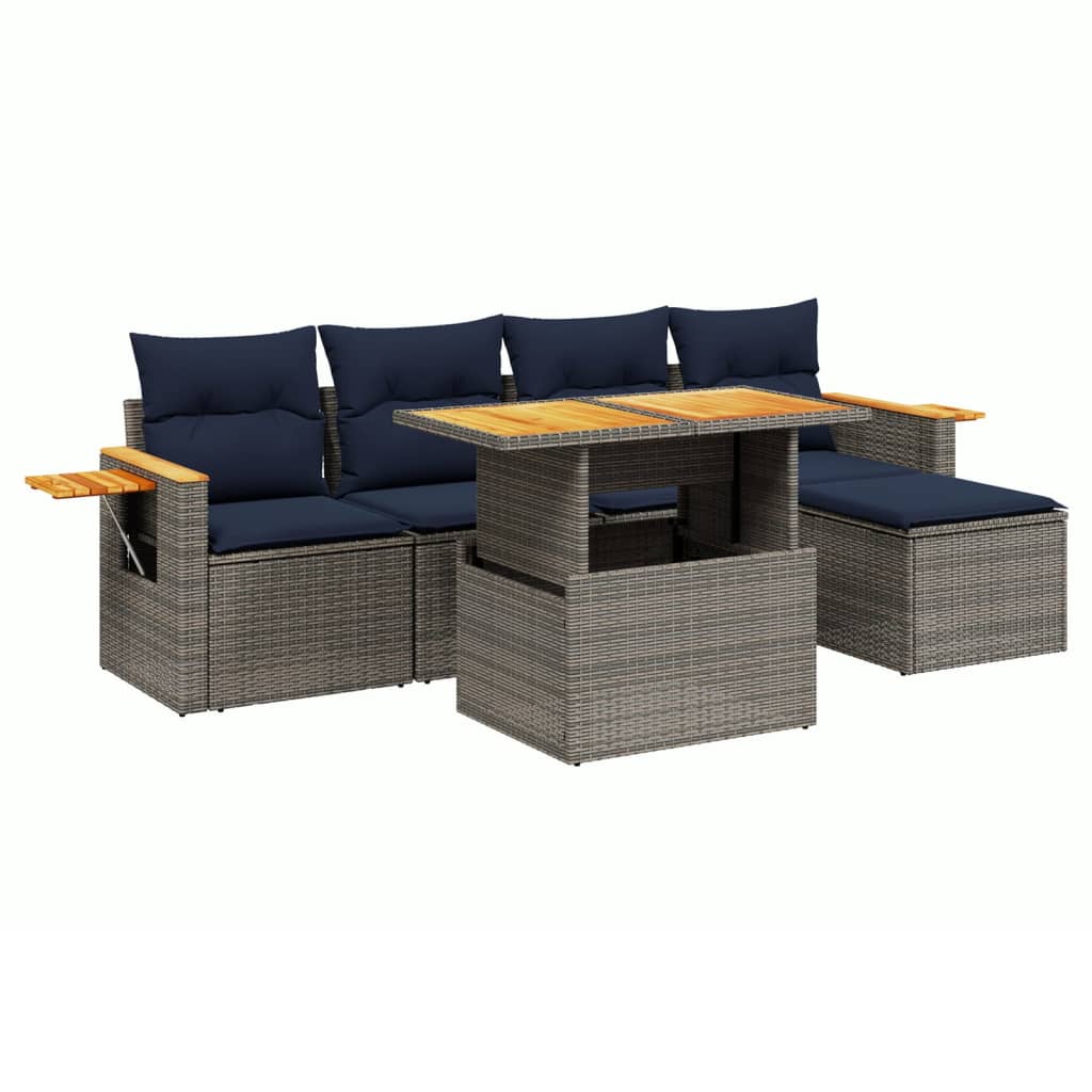 6 Piece Patio Sofa Set with Cushions Gray Poly Rattan