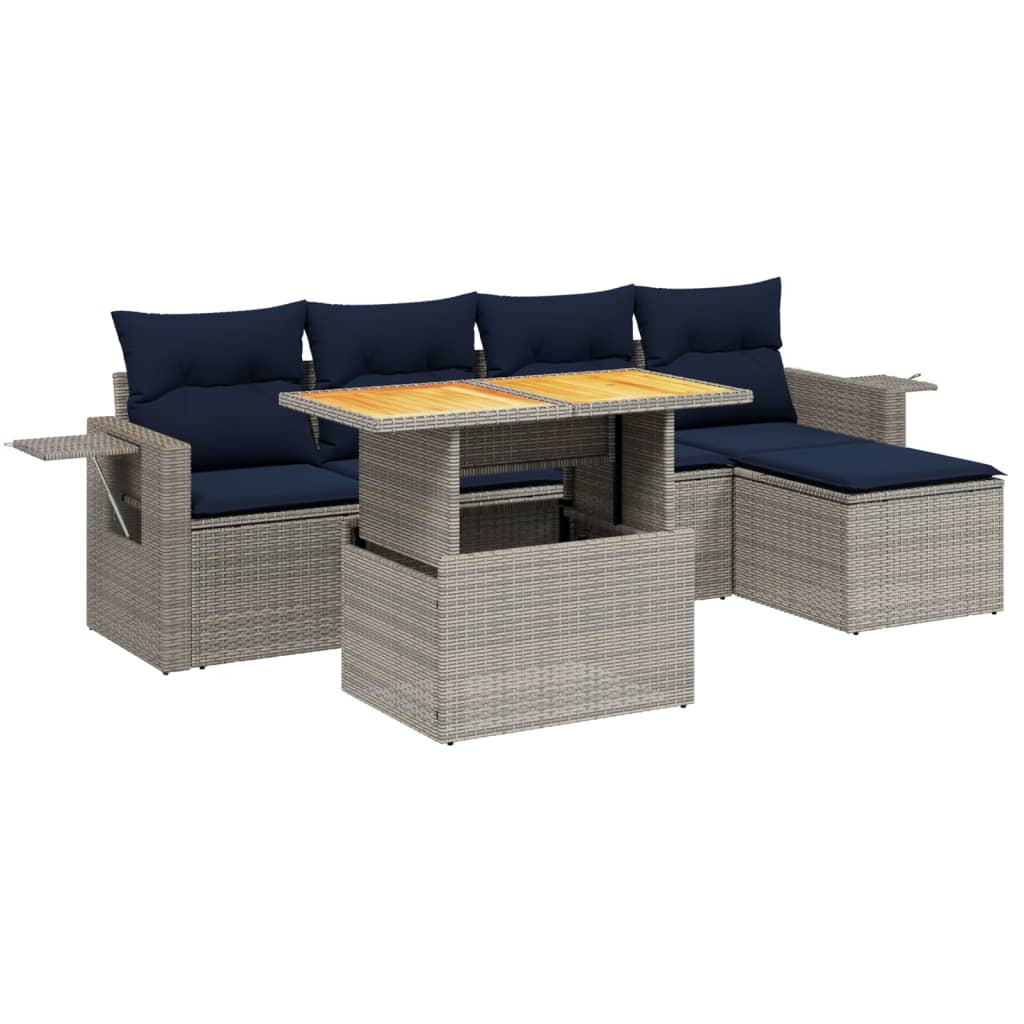 6 Piece Patio Sofa Set with Cushions Gray Poly Rattan
