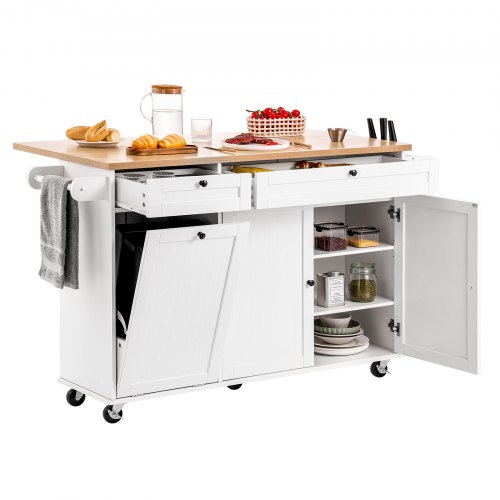 60-inch wide mobile kitchen cart with storage, wheels, drop leaf, 2 drawers, trash cabinet, knife holder, and spice rack