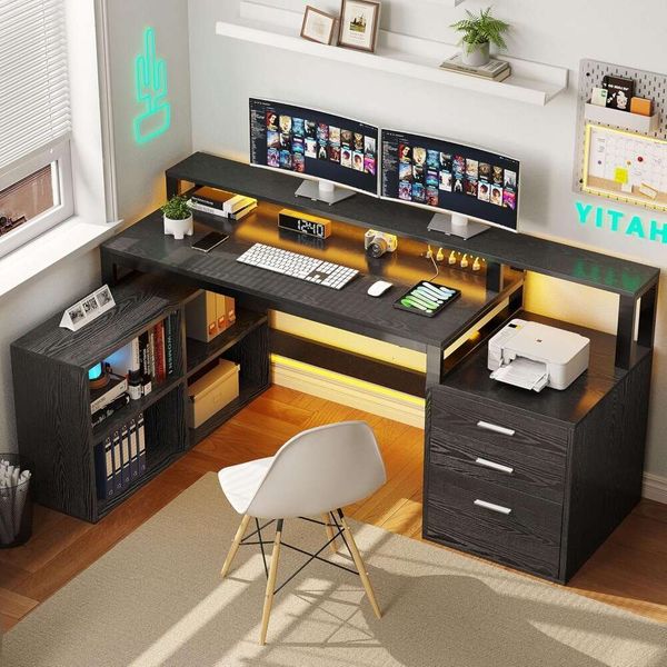 65" Corner Computer Desk with LED Lights, 3 Drawers, Cabinet & Printer Stand in L-Shape