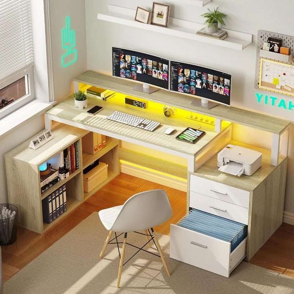 65" corner computer desk with LED power outlets, monitor stand, and file cabinet for home office