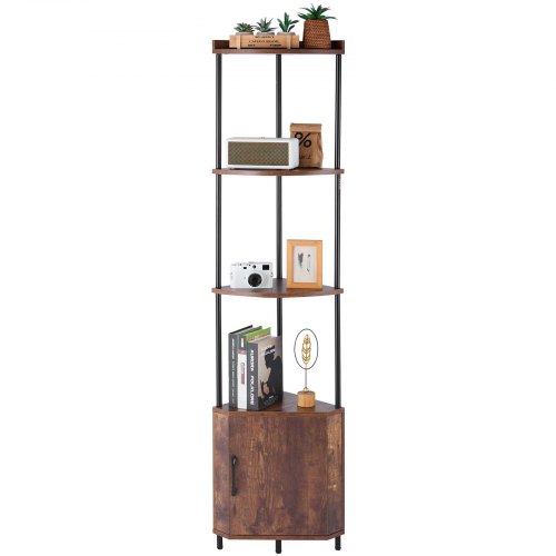 65.4" tall 5-tier corner shelf with LED lighting, featuring a storage cabinet and multi-color remote/app-controlled lights