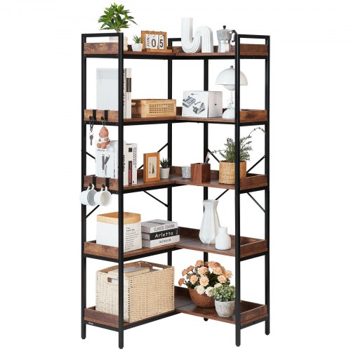 65.4" tall industrial L-shaped corner bookcase with 5 wooden shelves and 4 hooks on a sturdy metal frame
