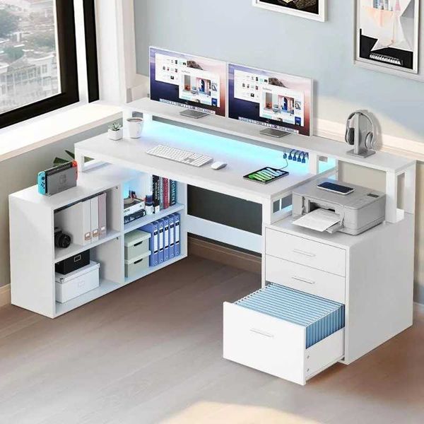 65-inch L-shaped desk featuring power outlets, LED lighting, a monitor stand, and three-drawer file cabinet for corner workspace setup