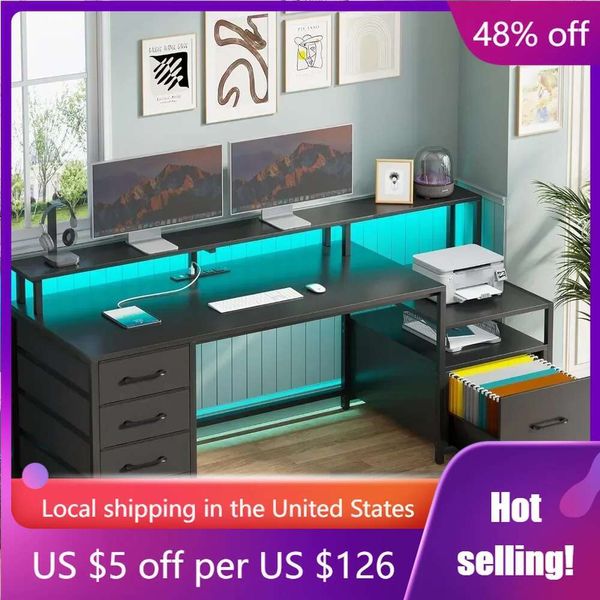 66-inch black gaming desk with 5 drawers, power outlet, and LED lighting, featuring a file cabinet