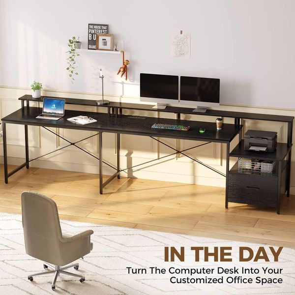 68-inch L-shaped computer desk with file drawer, power outlet, and LED strip for home office use