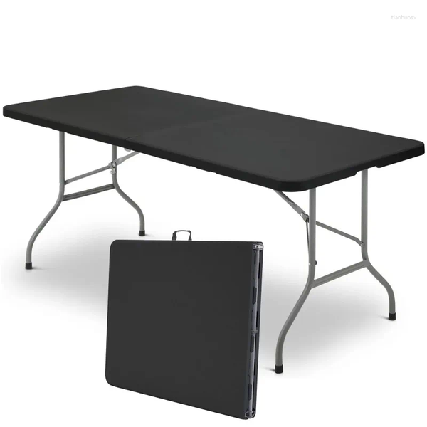 6-foot black plastic folding table for indoor and outdoor camping use, portable with fold-in-half design