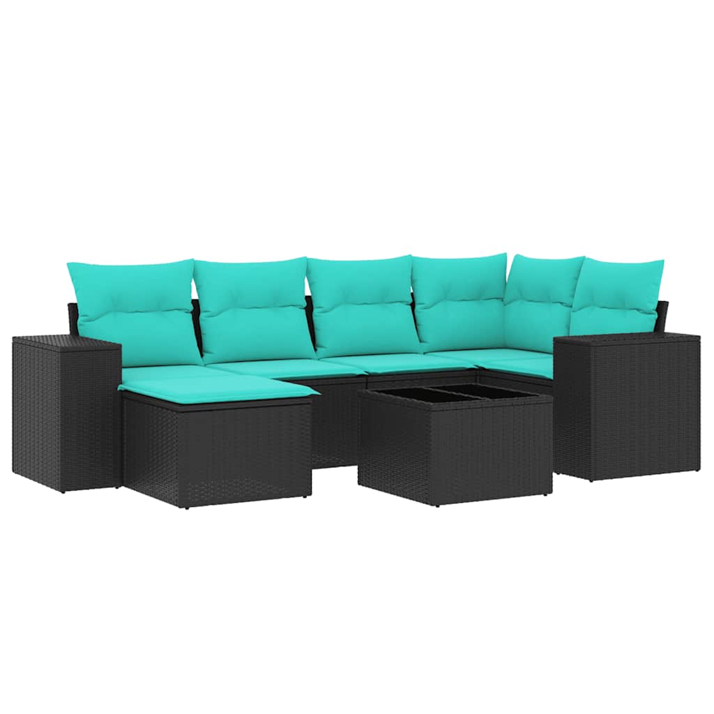 7 Piece Garden Sofa Set with Cushions Black Poly Rattan