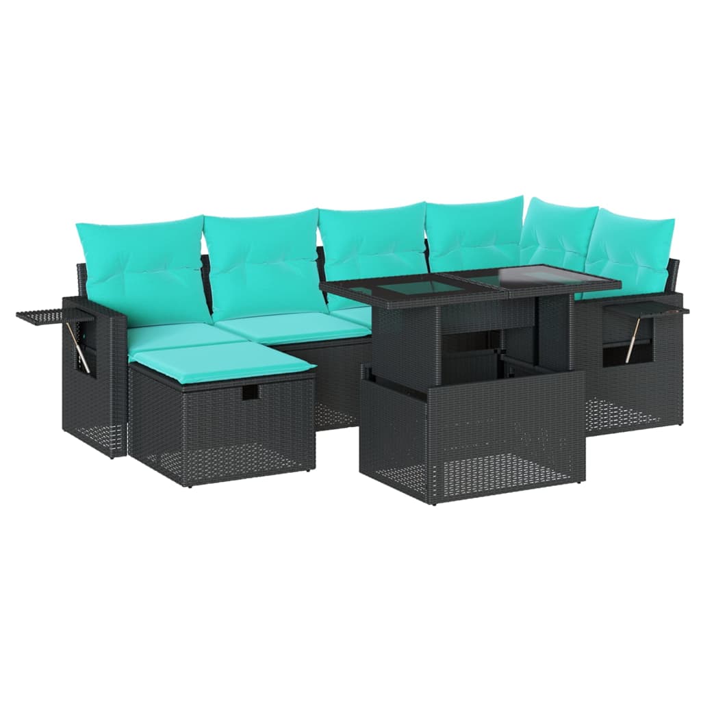 7 Piece Garden Sofa Set with Cushions Black Poly Rattan