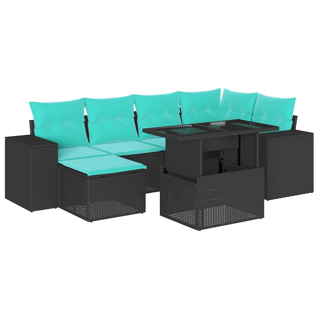 7 Piece Garden Sofa Set with Cushions Black Poly Rattan