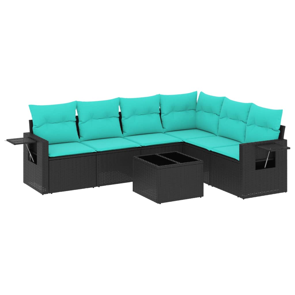 7 Piece Garden Sofa Set with Cushions Black Poly Rattan