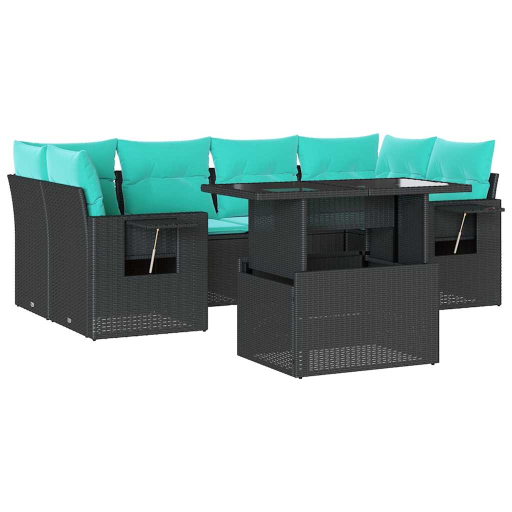 7 Piece Garden Sofa Set with Cushions Black Poly Rattan