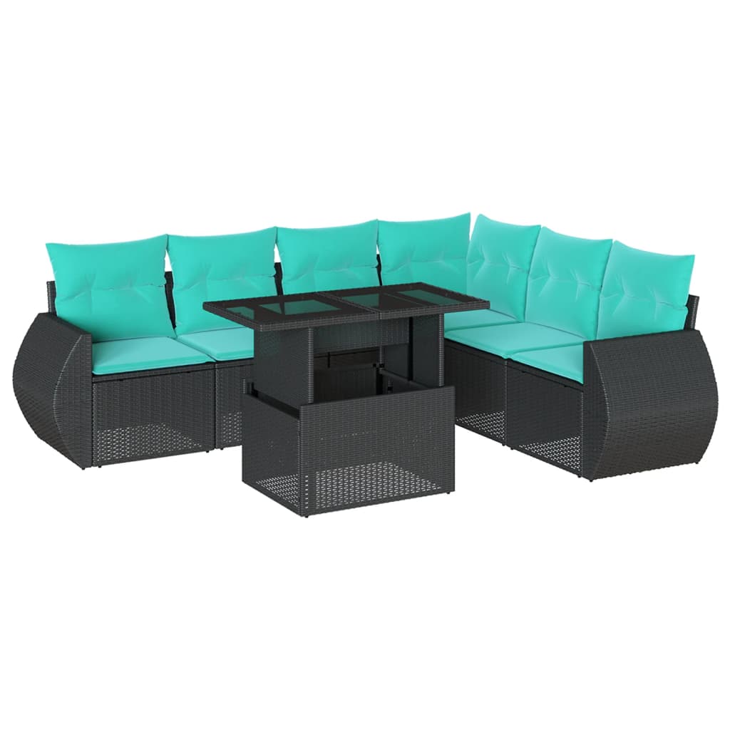 7 Piece Garden Sofa Set with Cushions Black Poly Rattan
