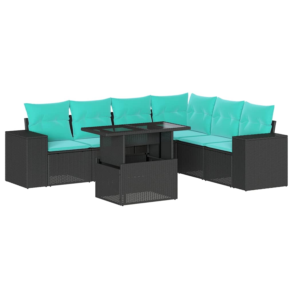 7 Piece Garden Sofa Set with Cushions Black Poly Rattan