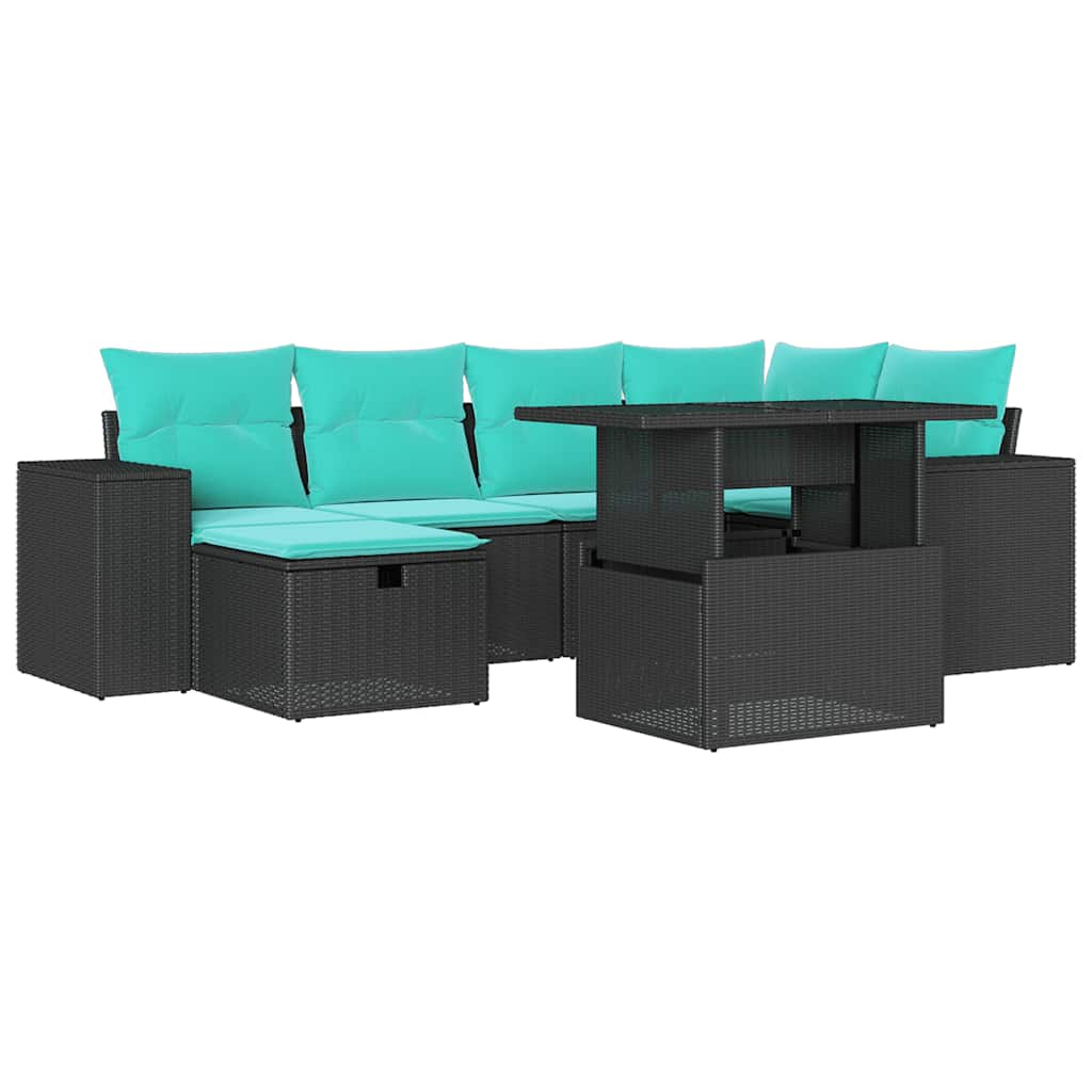 7 Piece Garden Sofa Set with Cushions Black Poly Rattan