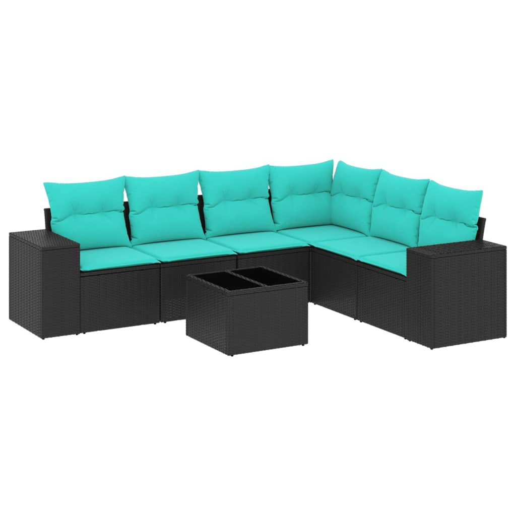 7 Piece Garden Sofa Set with Cushions Black Poly Rattan