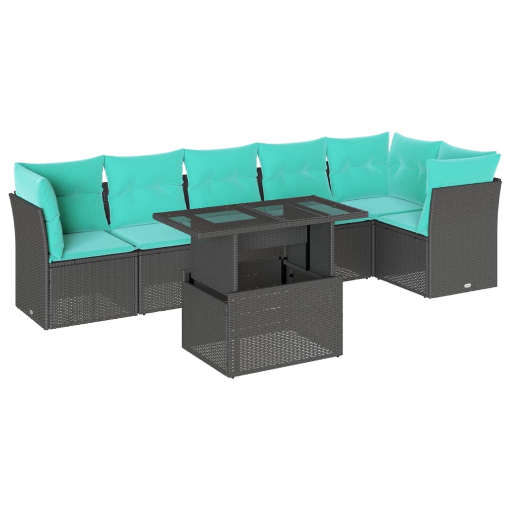 7 Piece Garden Sofa Set with Cushions Black Poly Rattan