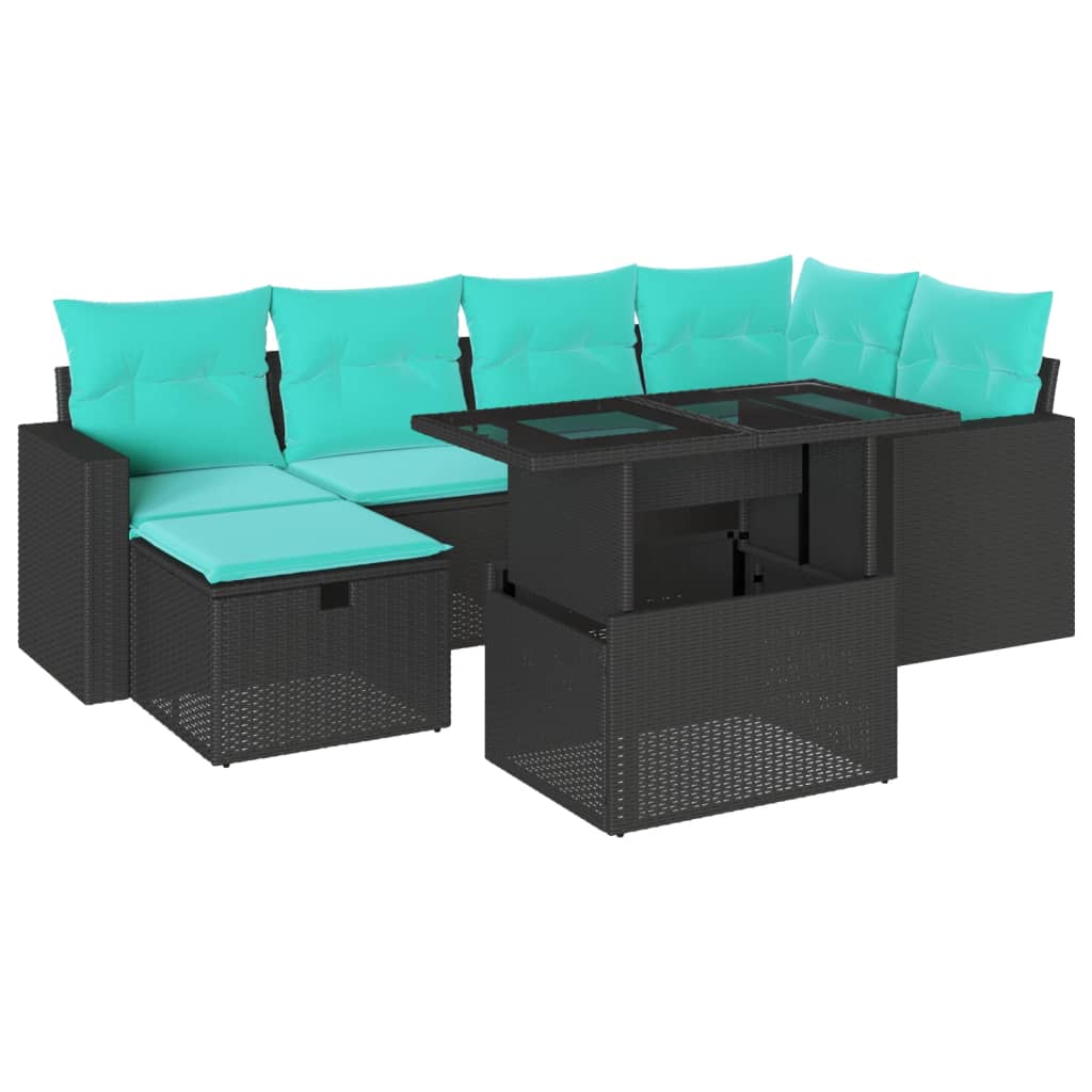 7 Piece Garden Sofa Set with Cushions Black Poly Rattan