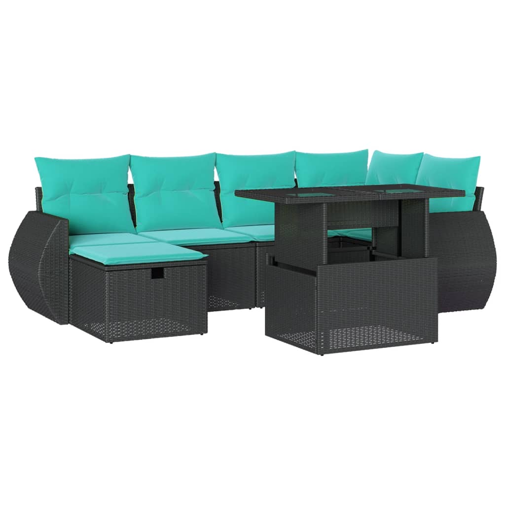 7 Piece Garden Sofa Set with Cushions Black Poly Rattan