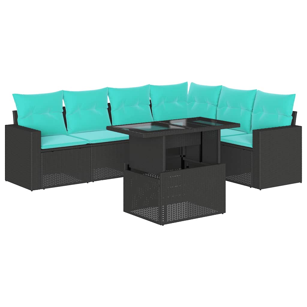 7 Piece Garden Sofa Set with Cushions Black Poly Rattan