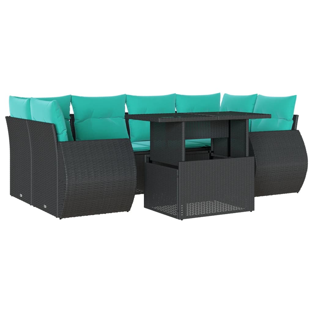7 Piece Garden Sofa Set with Cushions Black Poly Rattan