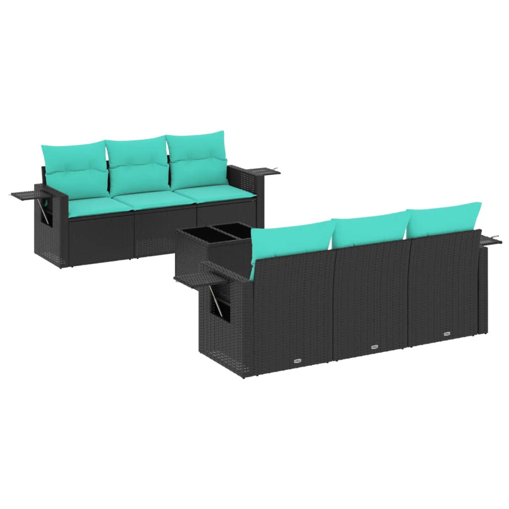 7 Piece Garden Sofa Set with Cushions Black Poly Rattan